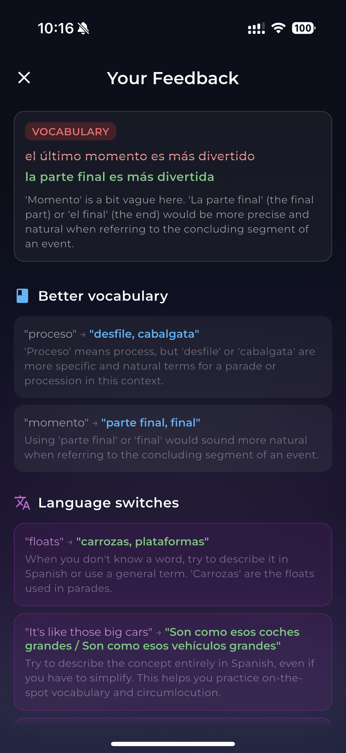 Feedback screen showing grammar and vocabulary corrections