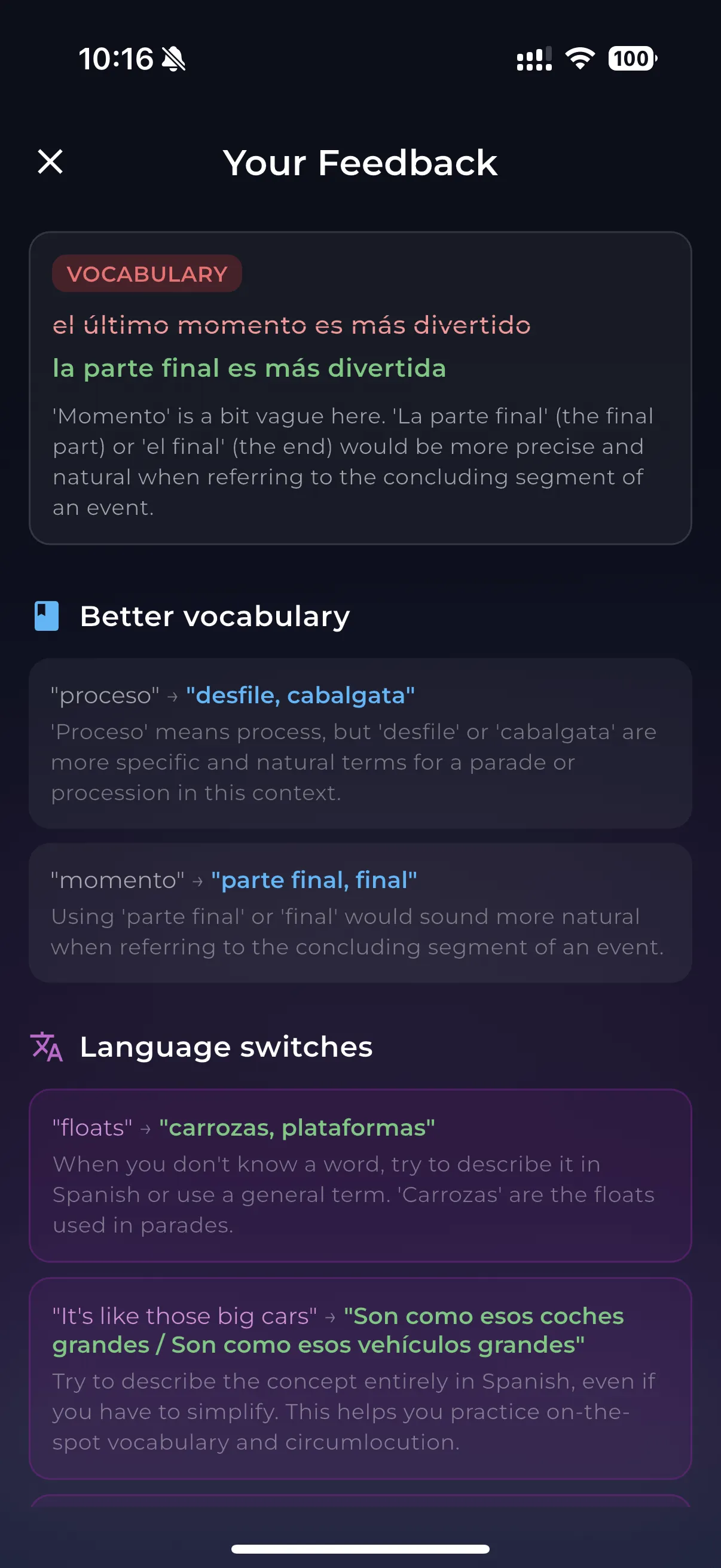 Feedback screen showing grammar and vocabulary corrections