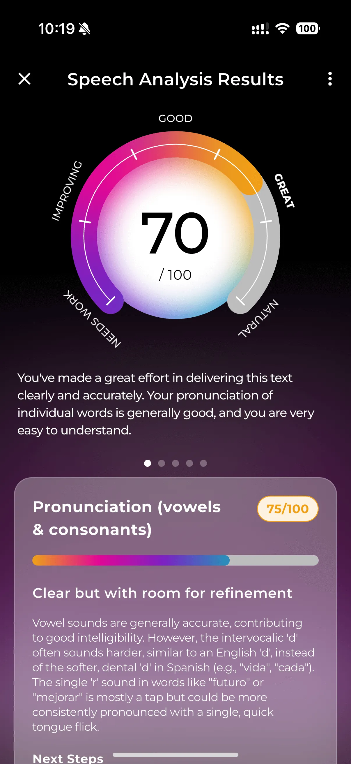 Speech Analysis Results showing pronunciation score
