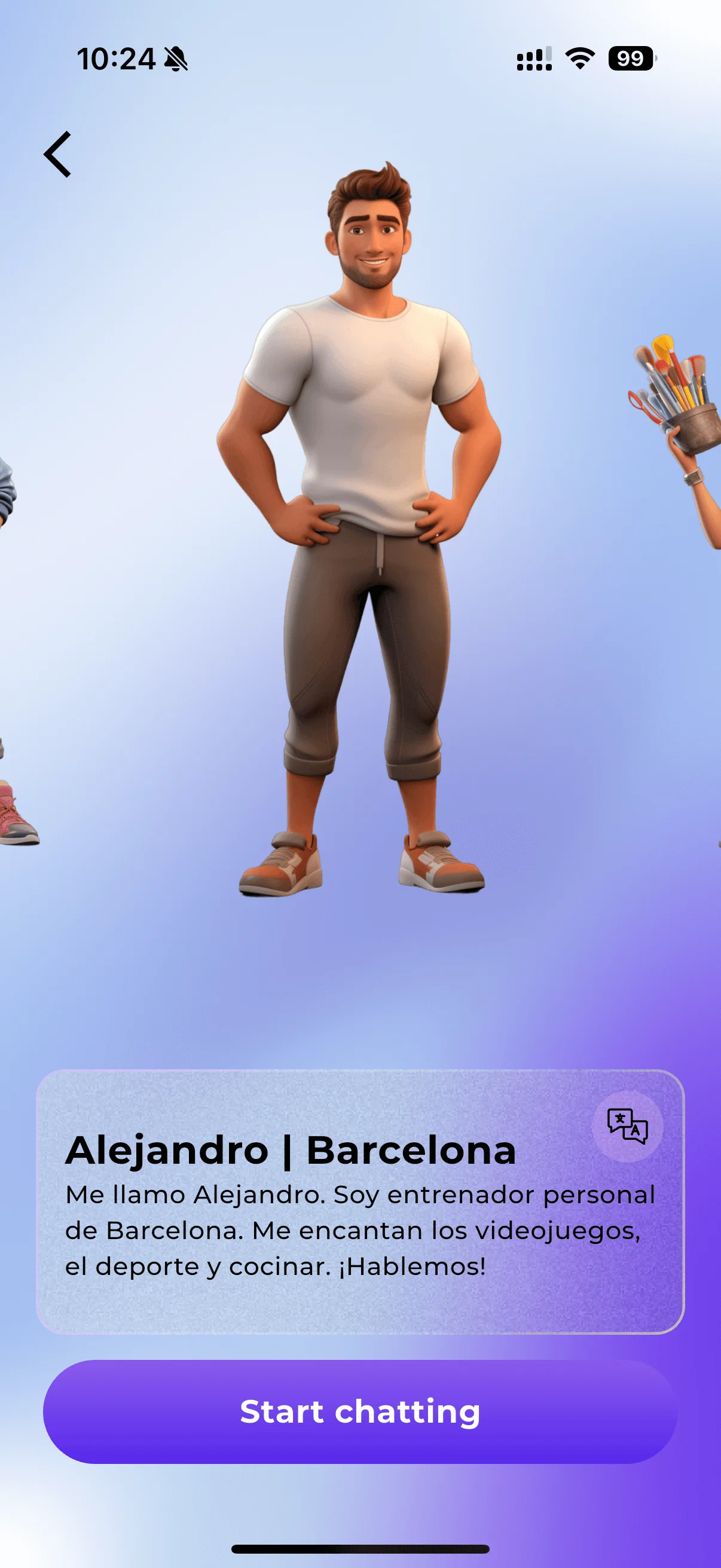 Browse the NativePal character roster and pick a chat partner