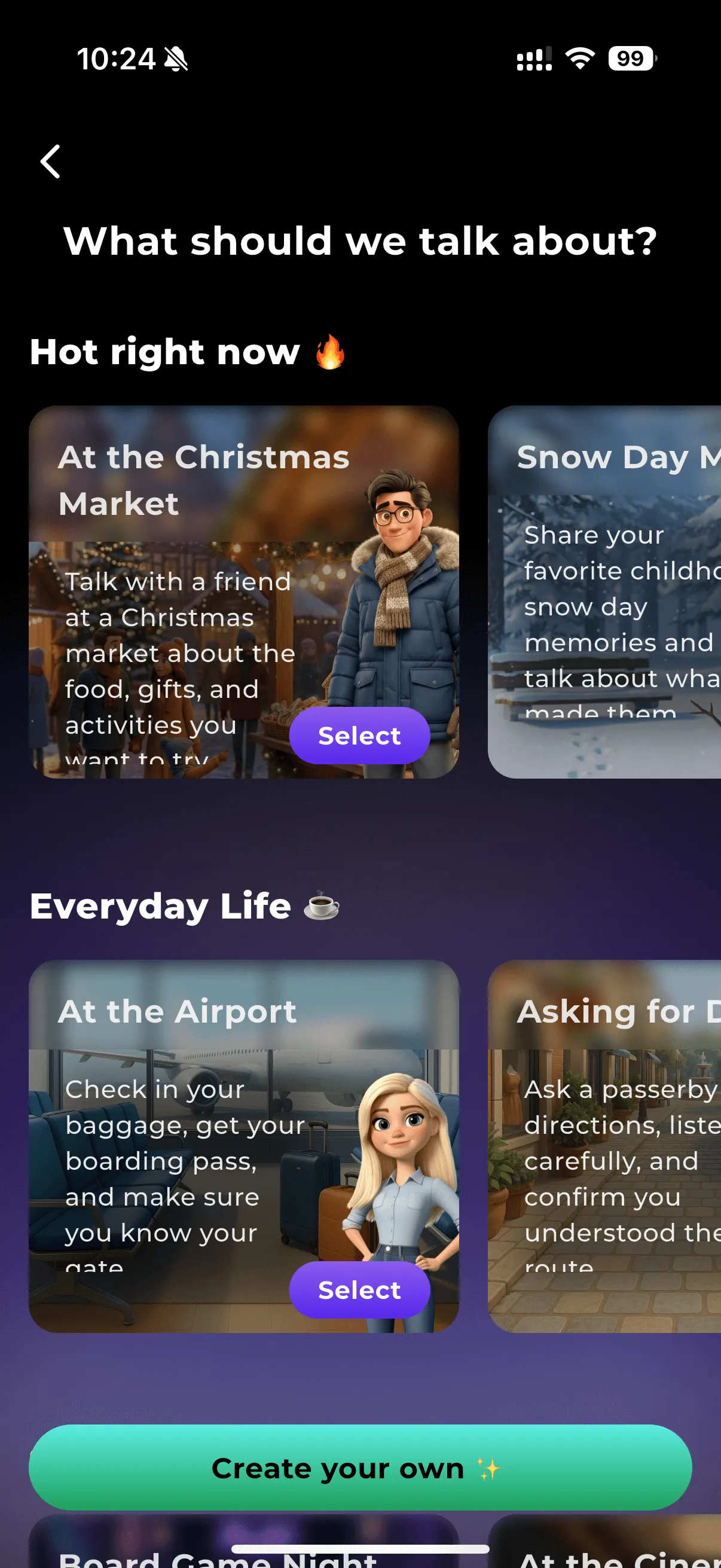 Scenario selection screen with topics