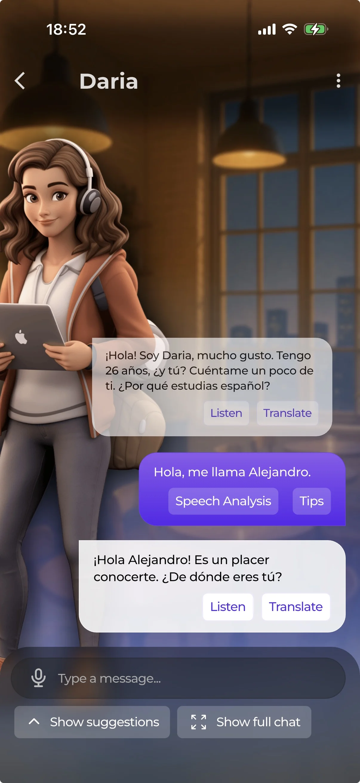 Open chat with an AI character speaking your target language