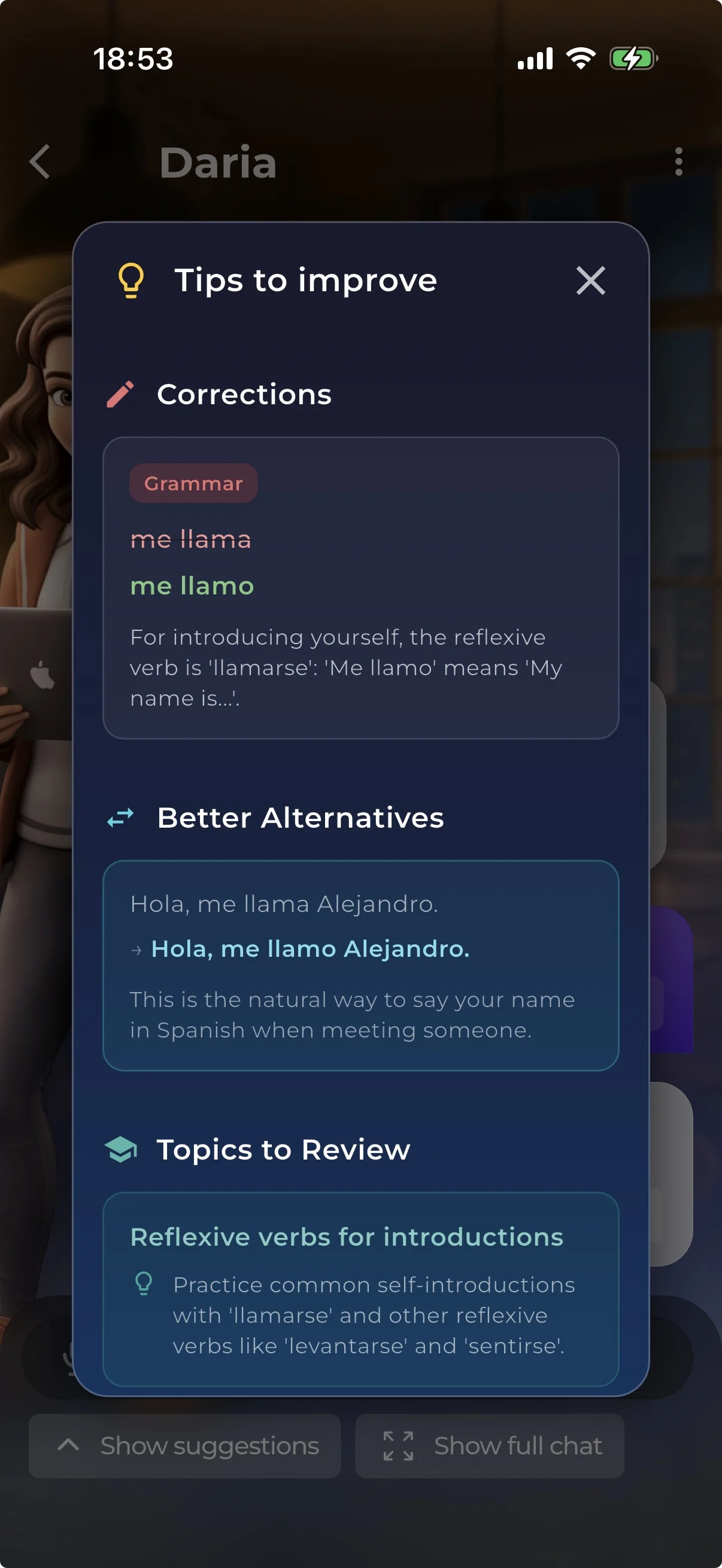 Instant feedback and tips on grammar and phrasing in a chat message