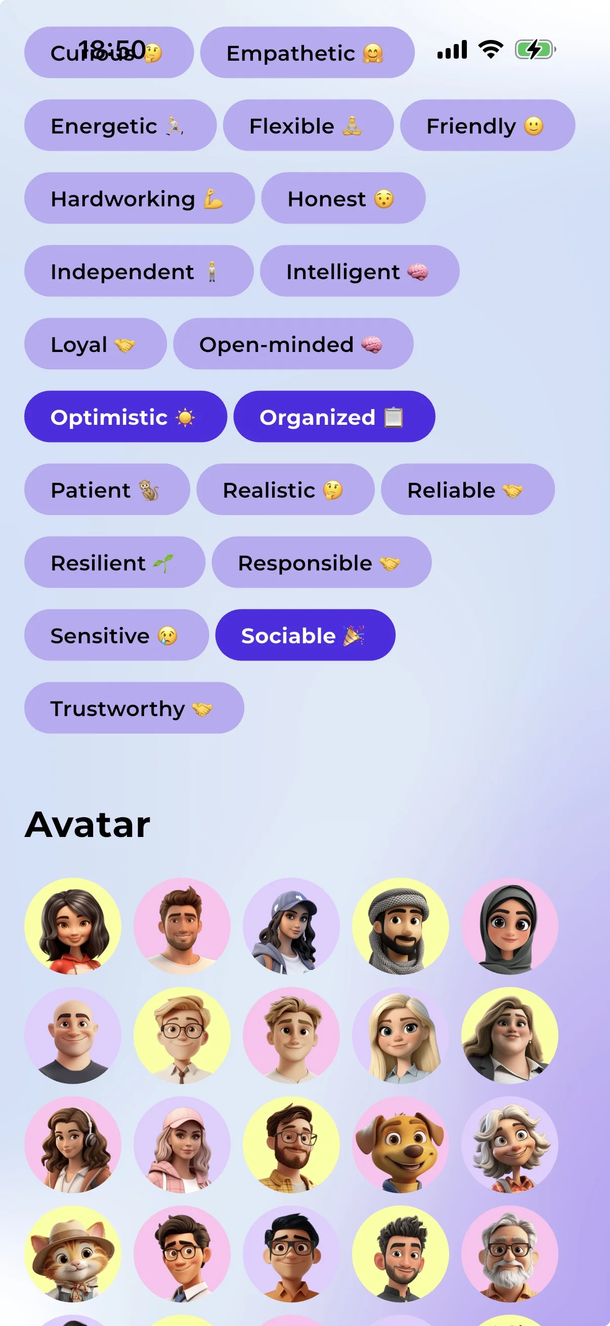 Custom character creation — pick avatar, traits, and interests