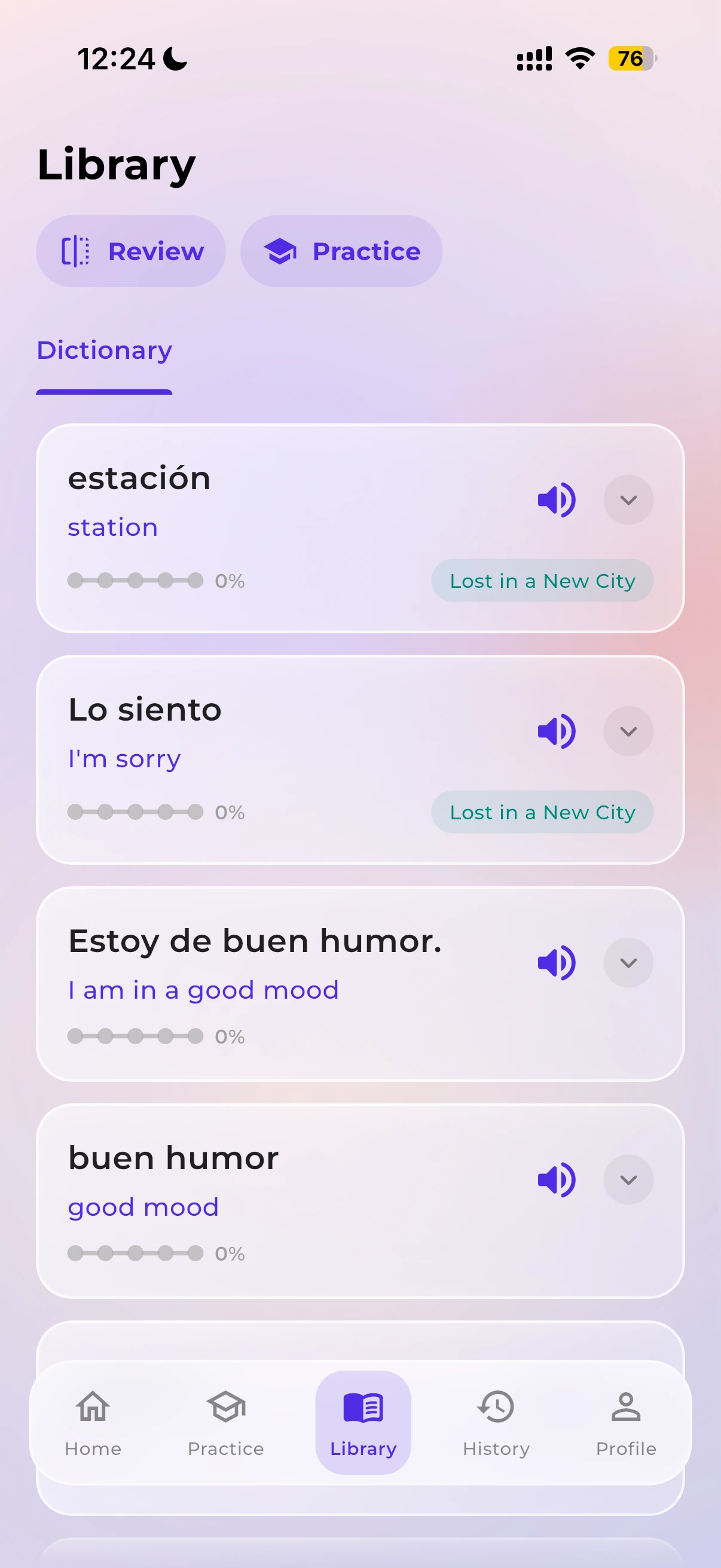 Personal dictionary of saved words collected across the app