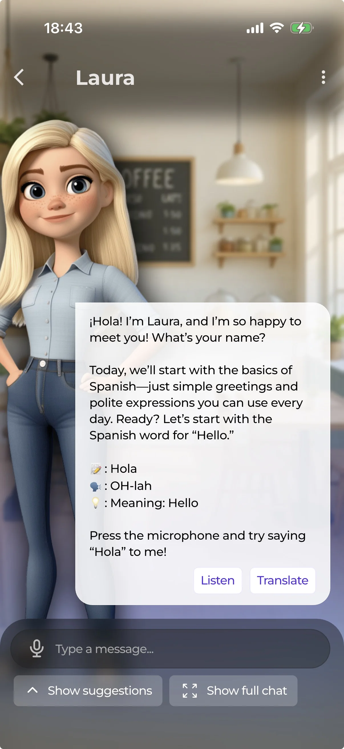 An AI character teaching the basics inside a language lesson chat