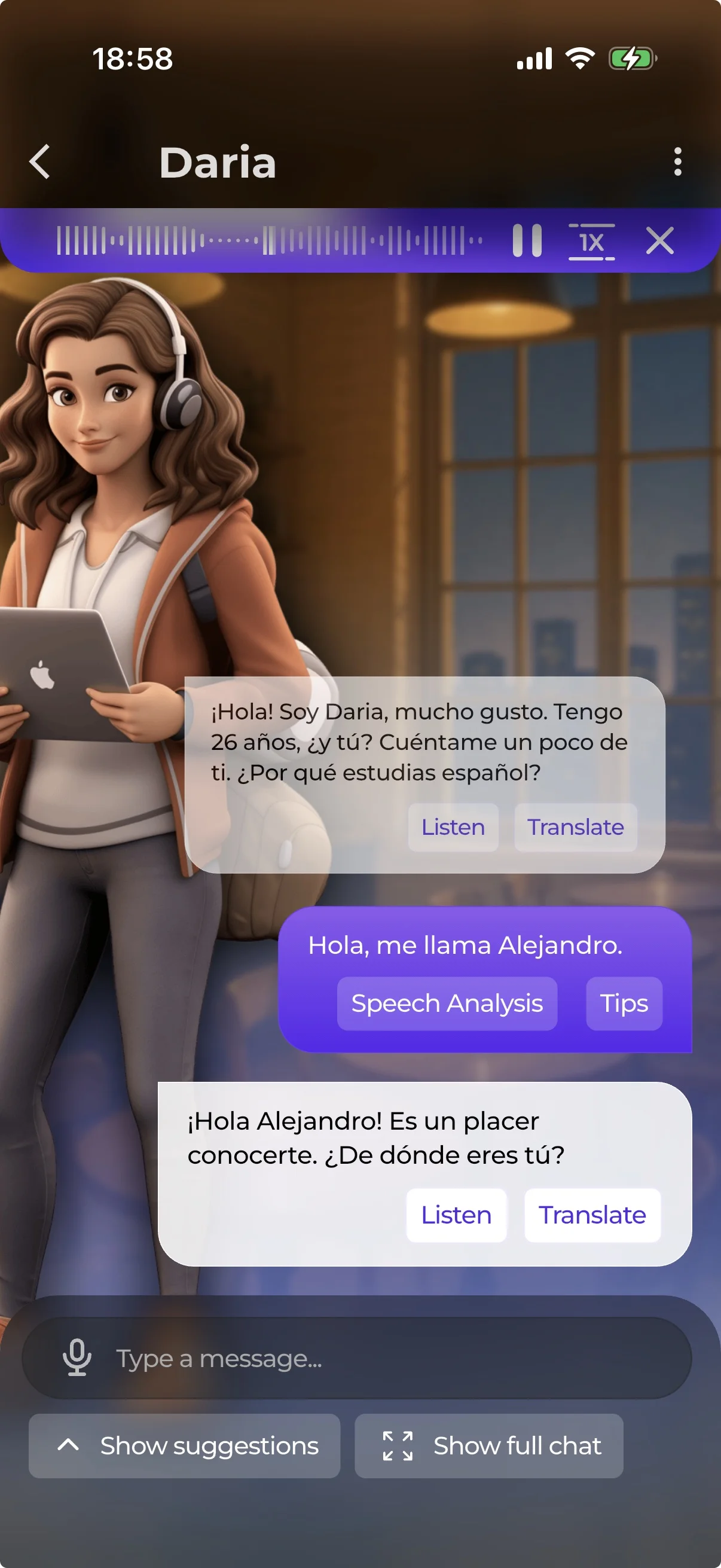 Tapping to hear a message spoken aloud by a native voice