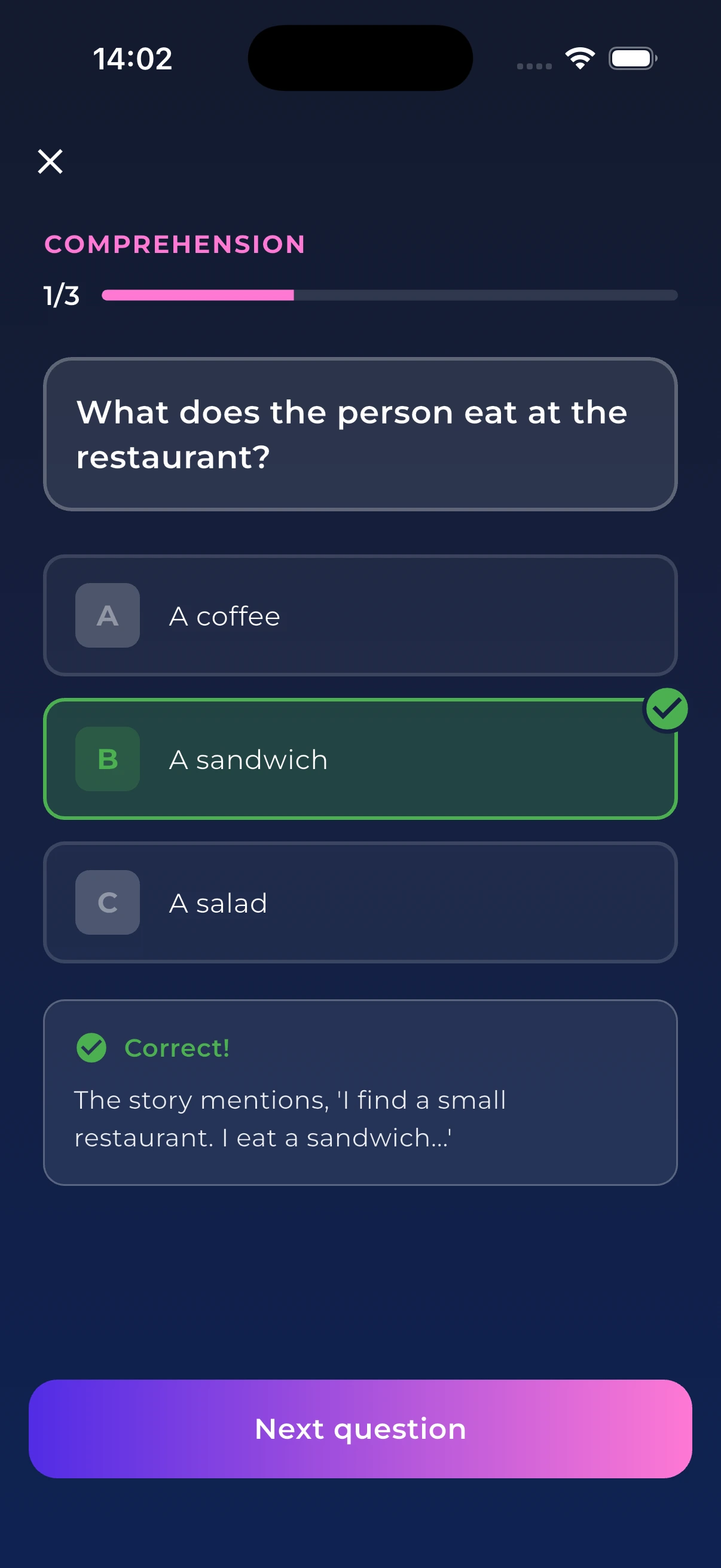 Answering a comprehension question about the story