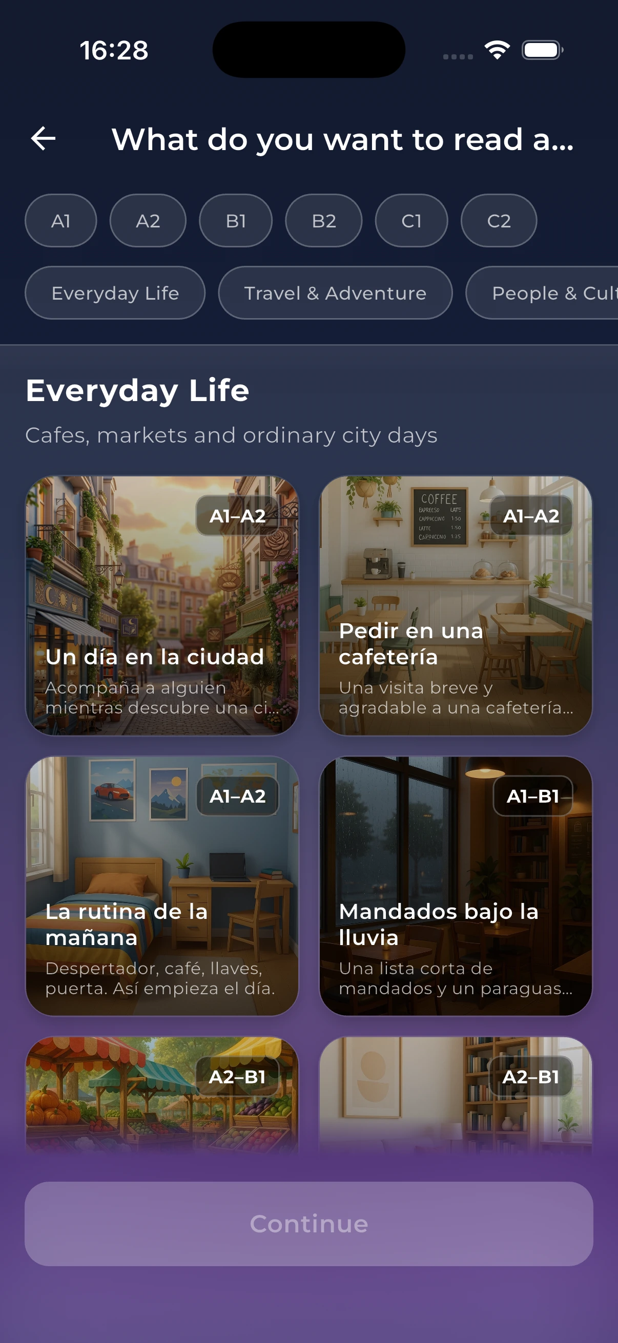 Choosing a reading topic from NativePal's story library