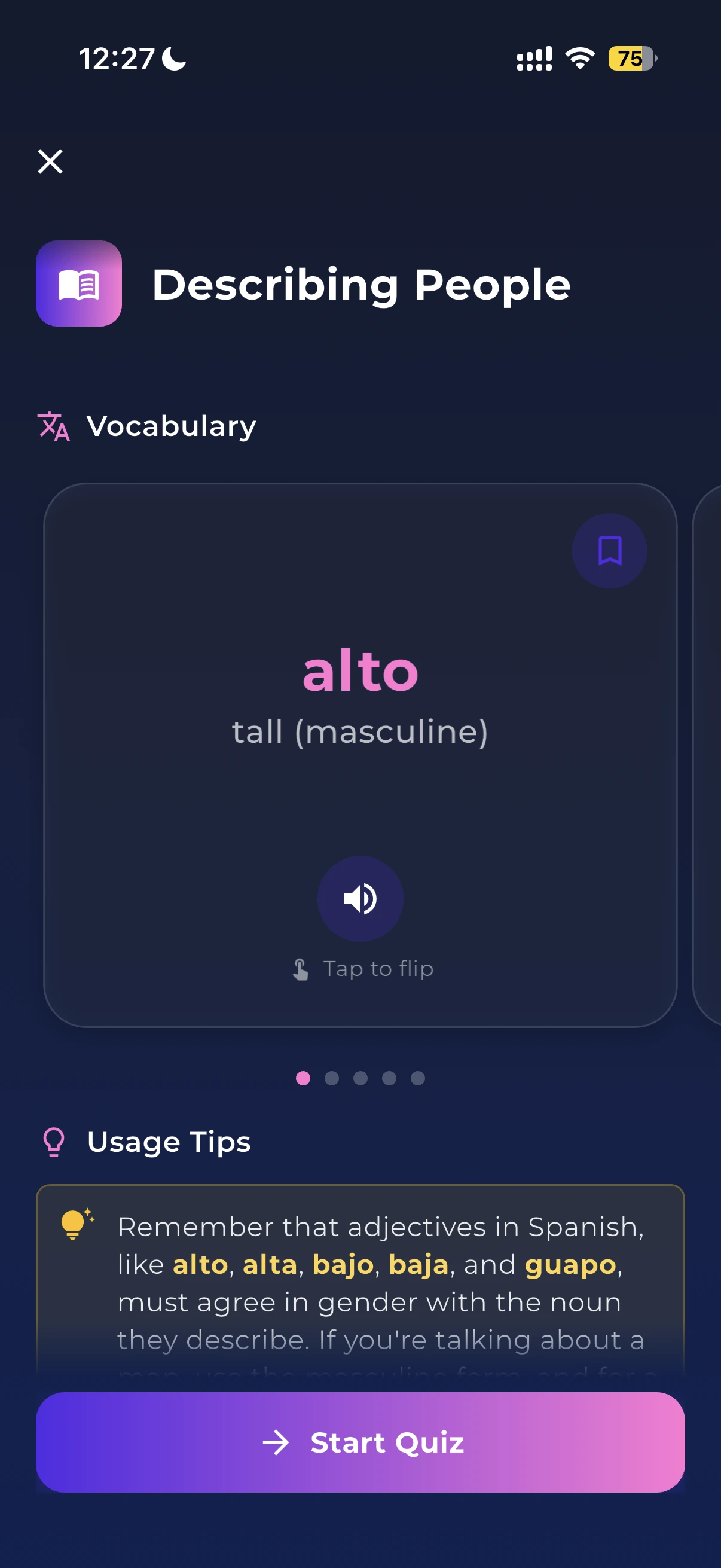 A word card showing examples, usage tips and common mistakes