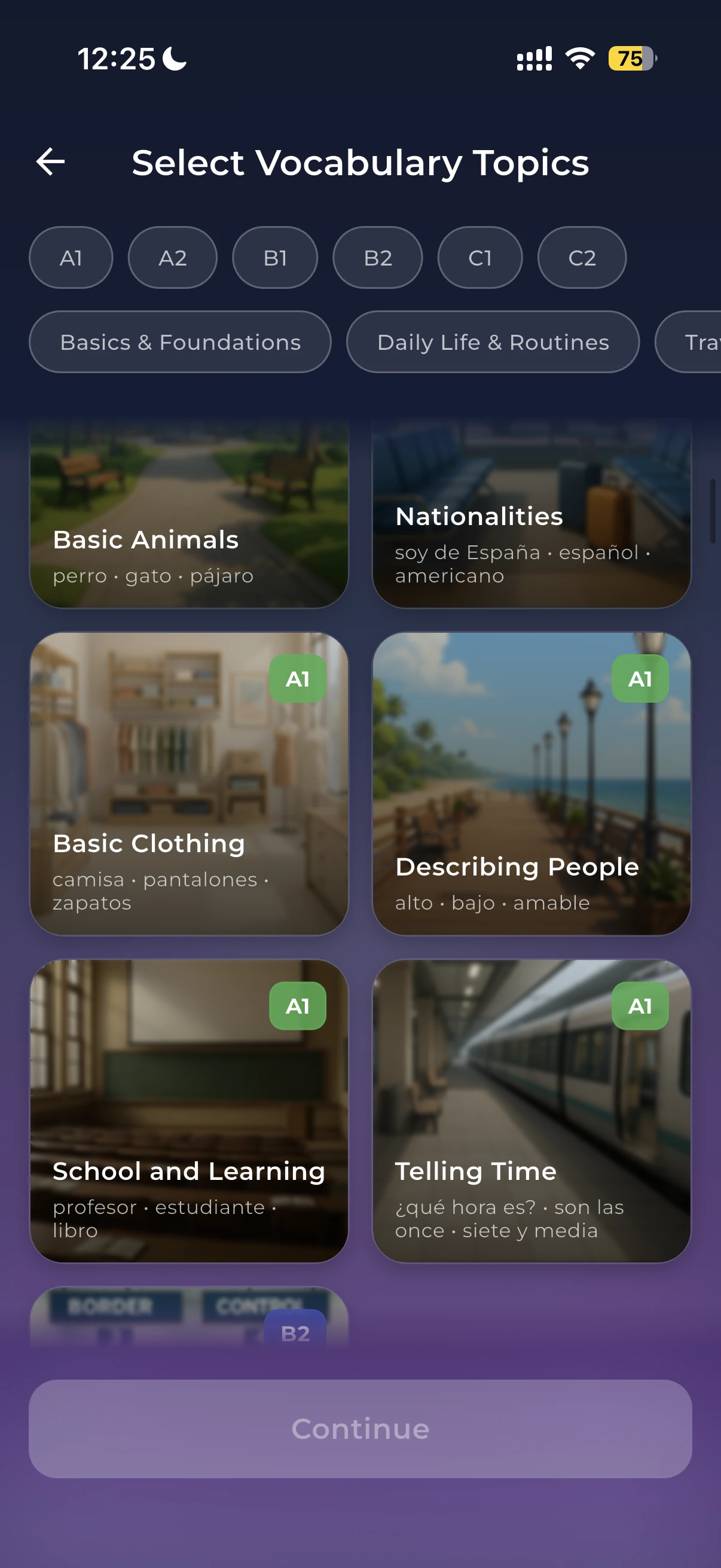 Choosing themed vocabulary packs filtered by level